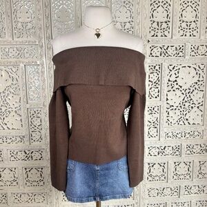 NWT Loft Chocolate Brown Ribbed Stretchy Off The Shoulder Sweater Boho Sz XL